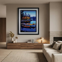 "Moonlit Lake Cabin — Peaceful Night Retreat | UV Framed Wall Art | 16×20"