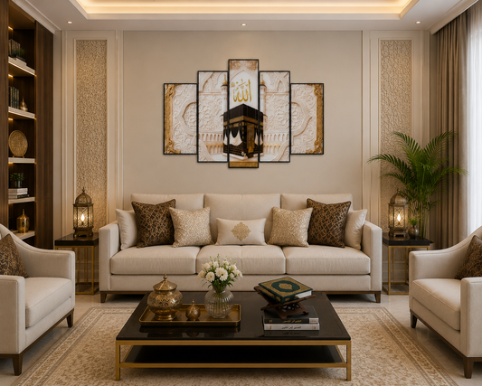 Al Kaaba — 5-Panel Islamic Wall Art | Glass Print | Black Frame | 24" × 30"