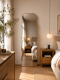 Wave full-length wavy mirror styled in bedroom — Bask Decor Pakistan