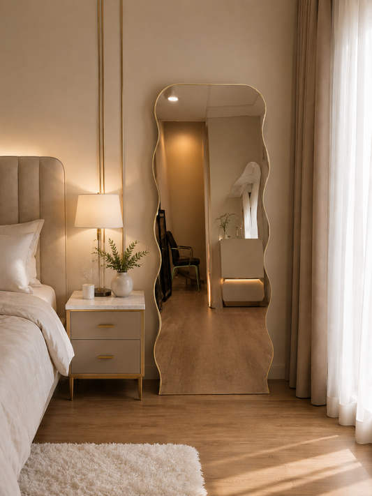Wave wavy full-length standing mirror in black and gold — Bask Decor Pakistan