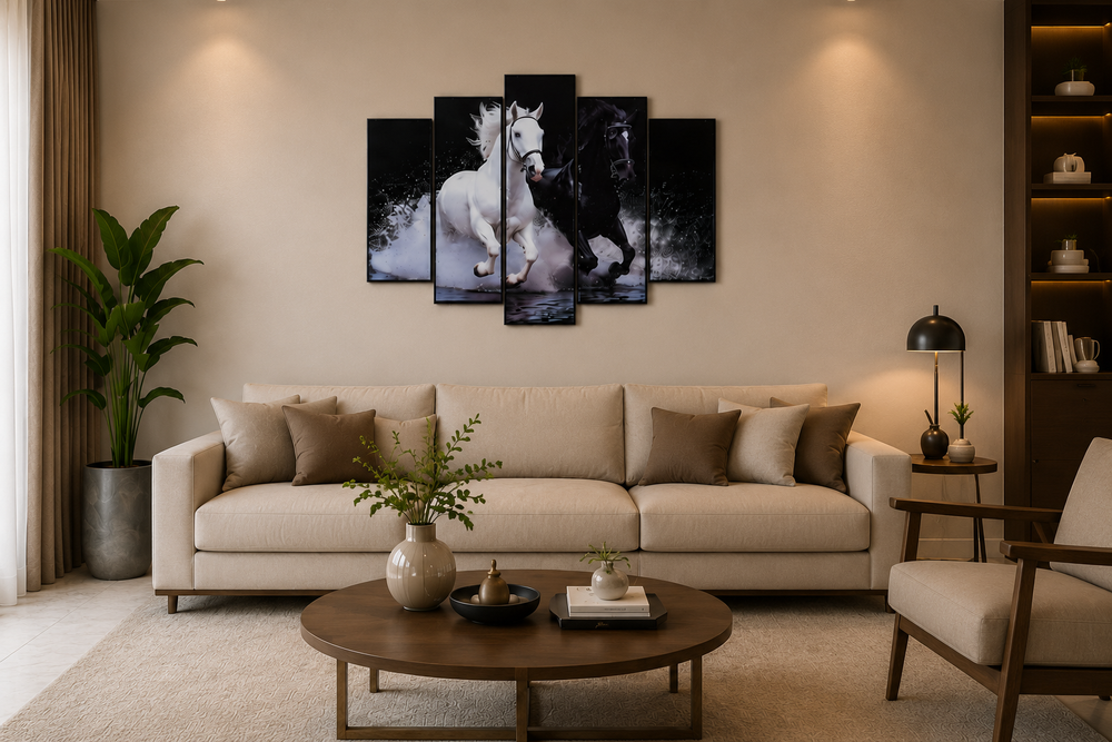 Black & White Horses — 5 Panel Premium Glass Printed Wall Art|24*30 inch