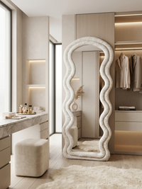 Onde crackle white wavy floor mirror with metal stand — Bask Decor Pakistan