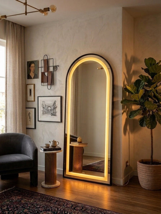 Aura arched full-length LED standing mirror with gold light border — Bask Decor Pakistan