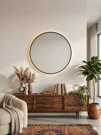 Halo round LED mirror in gold finish — Bask Decor Pakistan