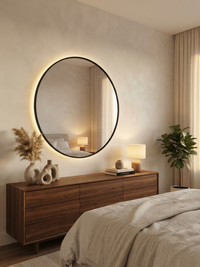 Halo LED round mirror glowing in bathroom — Bask Decor Pakistan