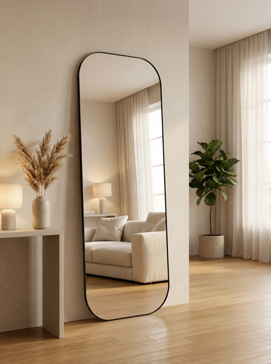 Forma full-length standing mirror, matte black rounded frame — Bask Decor Pakistan